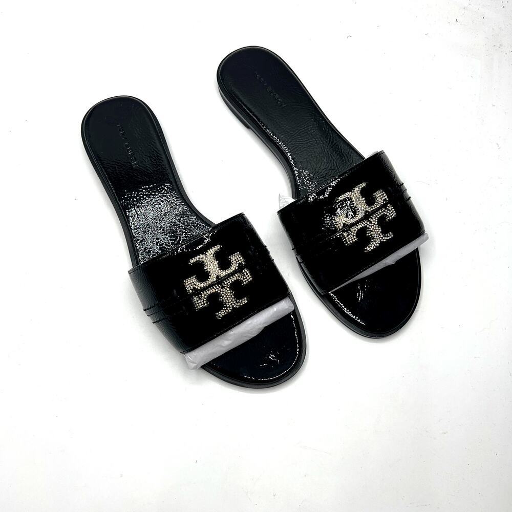 Tory Burch Everly Slide Softy Naplak Cow Perfect Black/Crystal Size 9 NEW